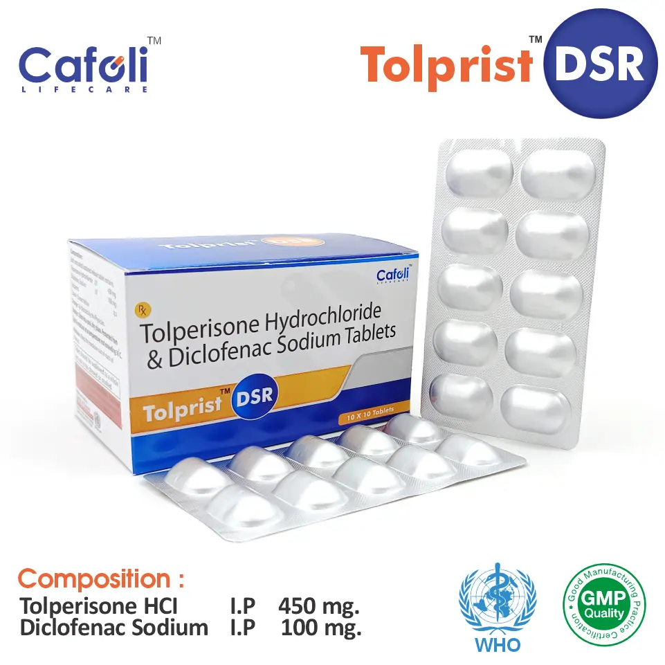 Tolperisone 450mg + Diclofenac 100mg Tablet at best price in PCD Pharma Franchise for Pain and Inflammation Relief.